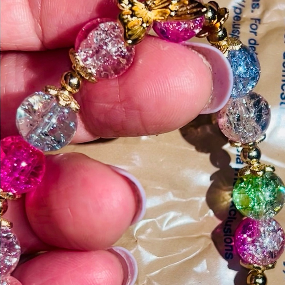 2 NWT Multicolor Crackle Glass Bead Bracelet with Gold Charms *Quantity 2*